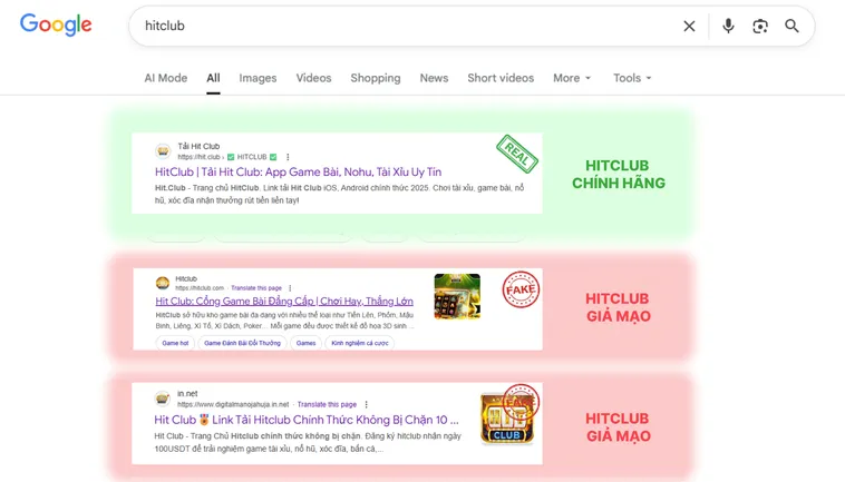 Hướng Dẫn Xác Minh Website HitClub Chính Hãng An Toàn 3 Chữ “Hit.Club” trên logo thật rõ ràng và font đồng bộ, trong khi logo giả Hit.Club có font lệch hoặc sai kiểu.